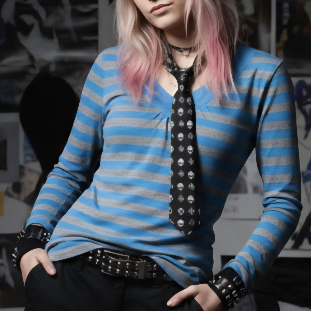 Y2K Zoey Beth Long Sleeve V-Neck Striped T-Shirt Blue Gray‎ Casual Tee Large